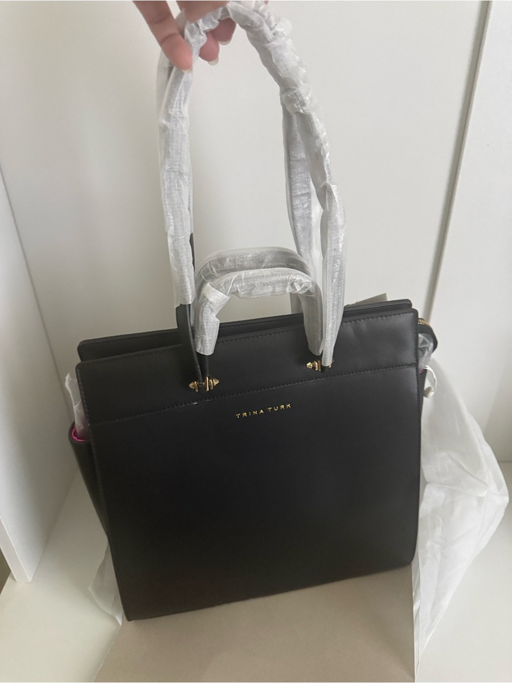 BNWT Trina Turk Grande Satchel Black NWT Leather Tote Shoulder Bag